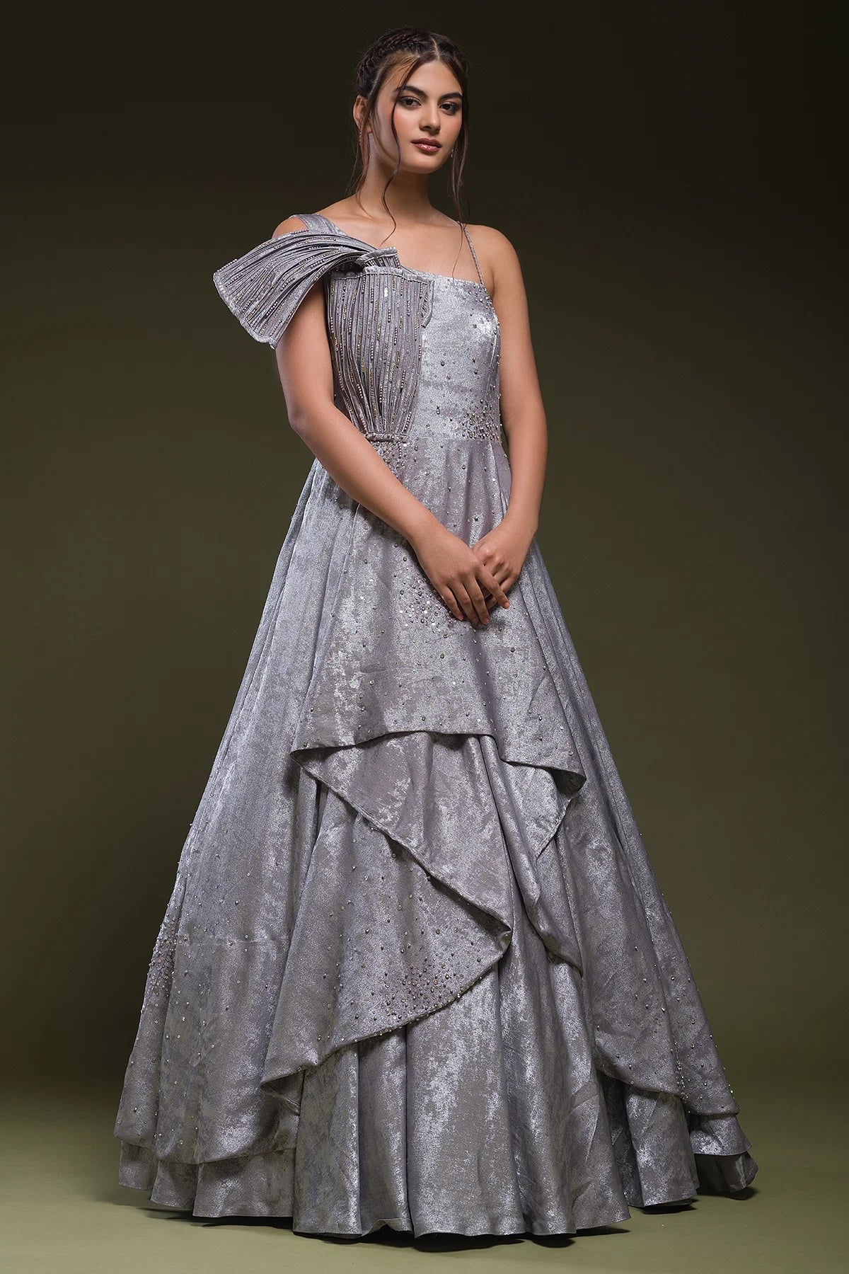 Steel Grey Stone Embroidered Silk Indo-Western Gown