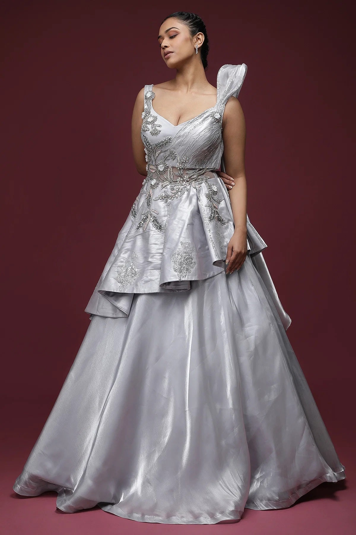 Light Grey Sequins Embroidered Tissue Indo-Western Gown