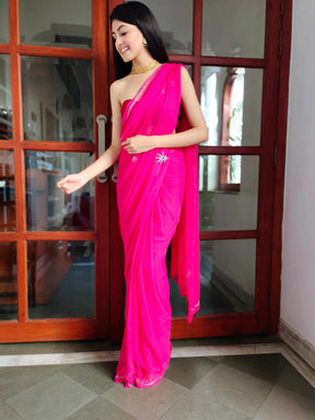 Heavenly Rani Chiffon Saree with Zari Buttis and Royal Peacock Blouse