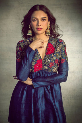 Aditi Rao in Navy Raw Silk Anarkali and Garara Set