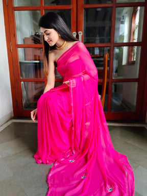 Heavenly Rani Chiffon Saree with Zari Buttis and Royal Peacock Blouse