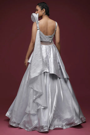 Light Grey Sequins Embroidered Tissue Indo-Western Gown