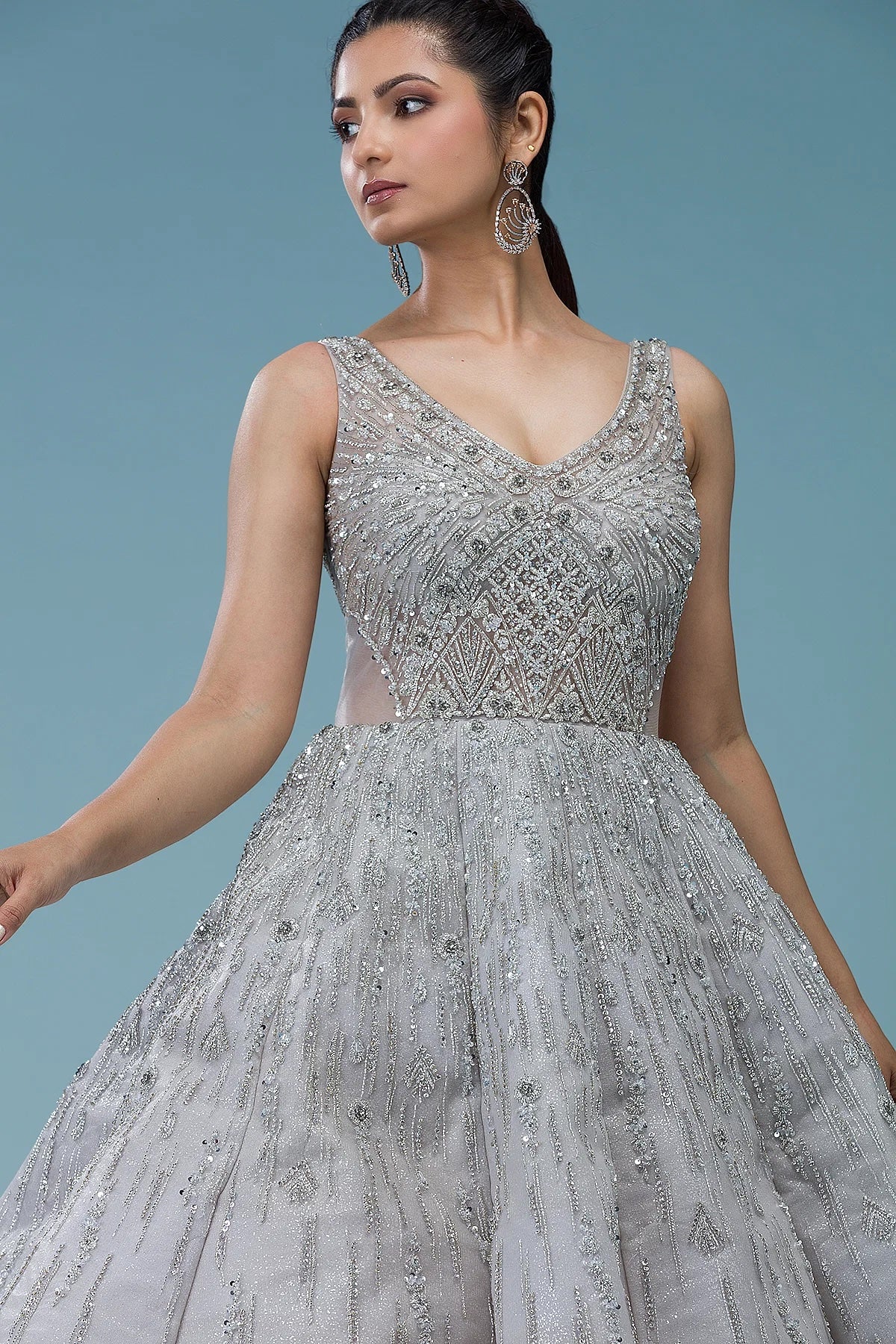 Light Grey Sequins Embroidered Net Reception Gown for Special Occasion