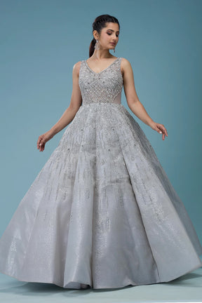 Light Grey Sequins Embroidered Net Reception Gown for Special Occasion