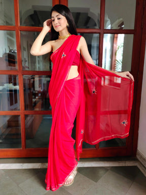 Luxurious Red Chiffon Saree with Handwork Buttis and Patchwork Blouse