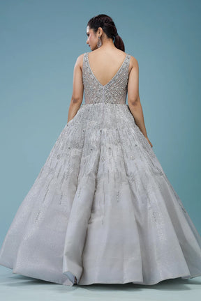 Light Grey Sequins Embroidered Net Reception Gown for Special Occasion