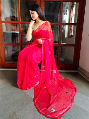 Luxurious Red Chiffon Saree with Handwork Buttis and Patchwork Blouse