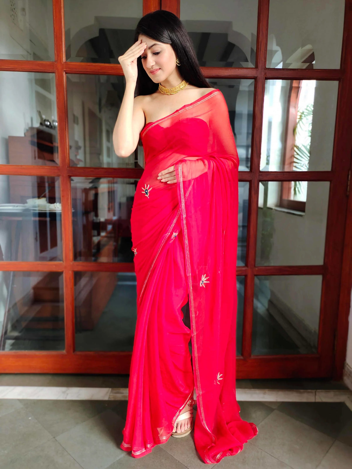 Luxurious Red Chiffon Saree with Handwork Buttis and Patchwork Blouse