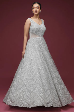 Light Grey Sequins Embroidered Net Reception Gown