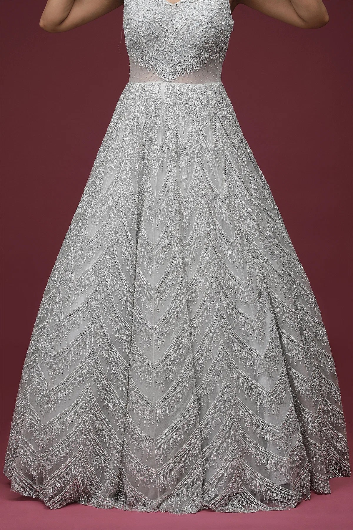 Light Grey Sequins Embroidered Net Reception Gown