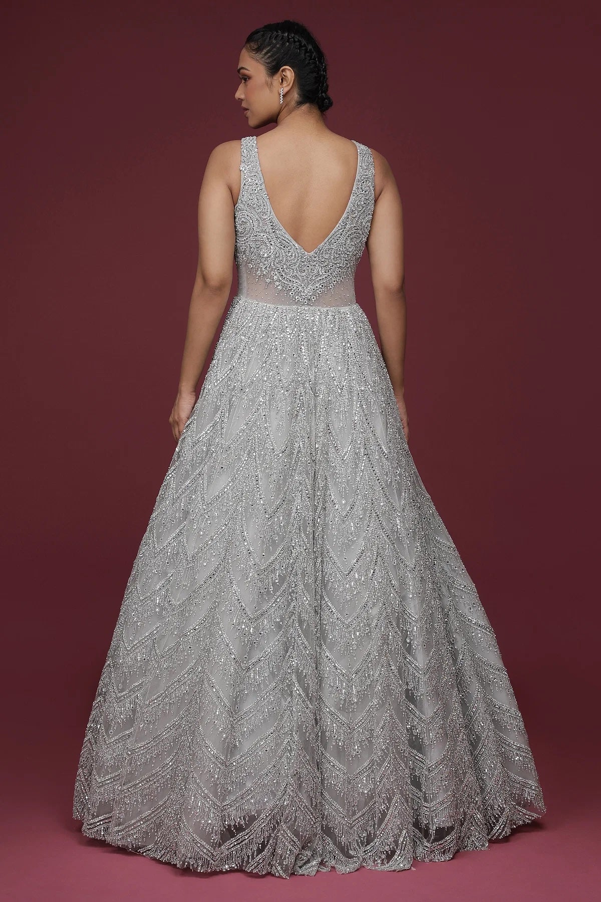 Light Grey Sequins Embroidered Net Reception Gown