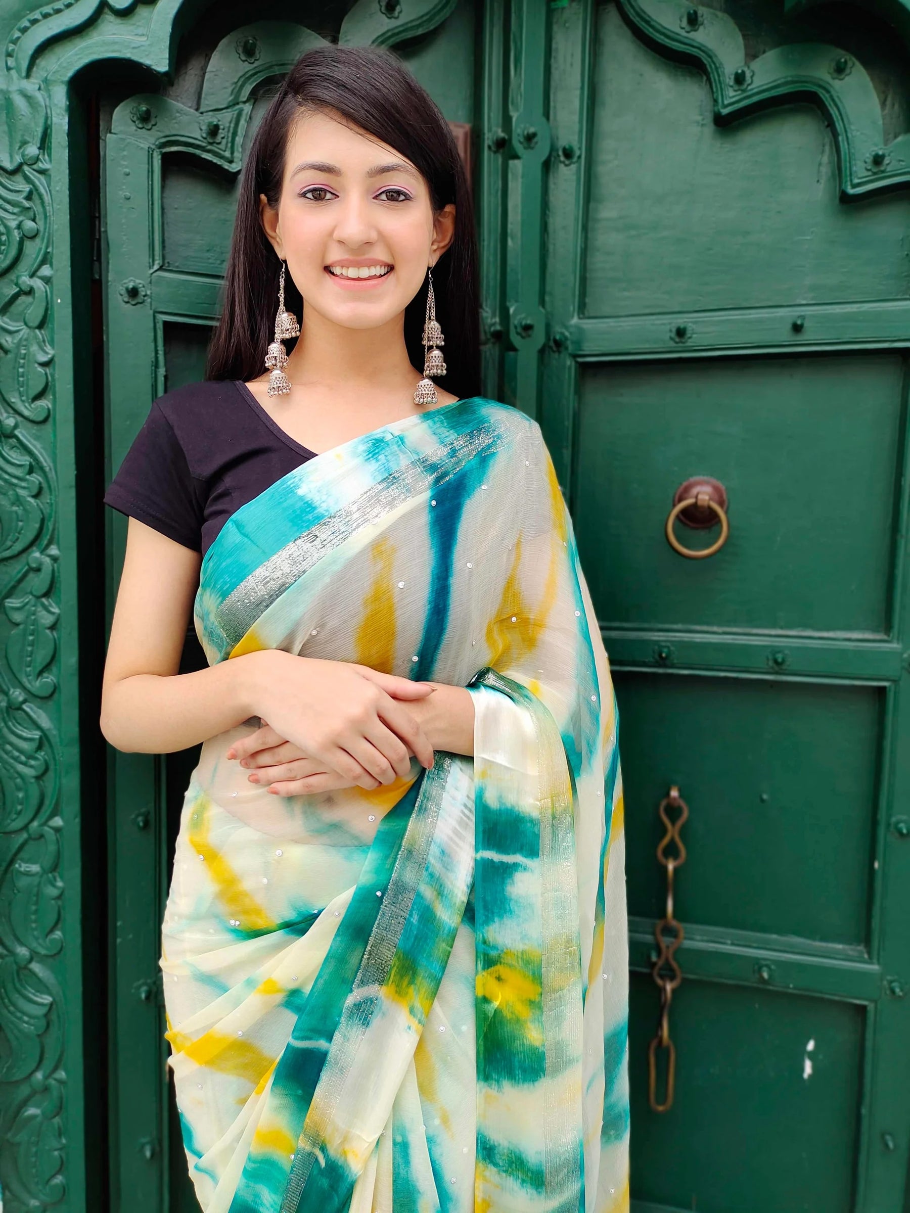 Chiffon Saree with Japanese Shibori Prints and Zari Border