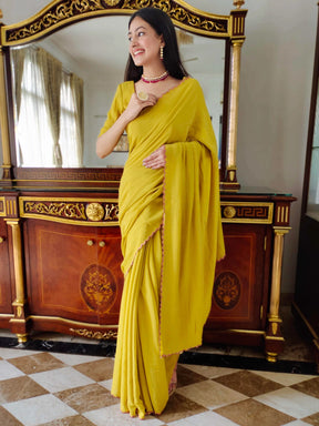 Premium Mustard Jute Cotton Saree with Scalloped Border