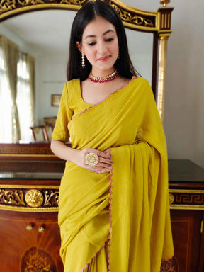 Premium Mustard Jute Cotton Saree with Scalloped Border