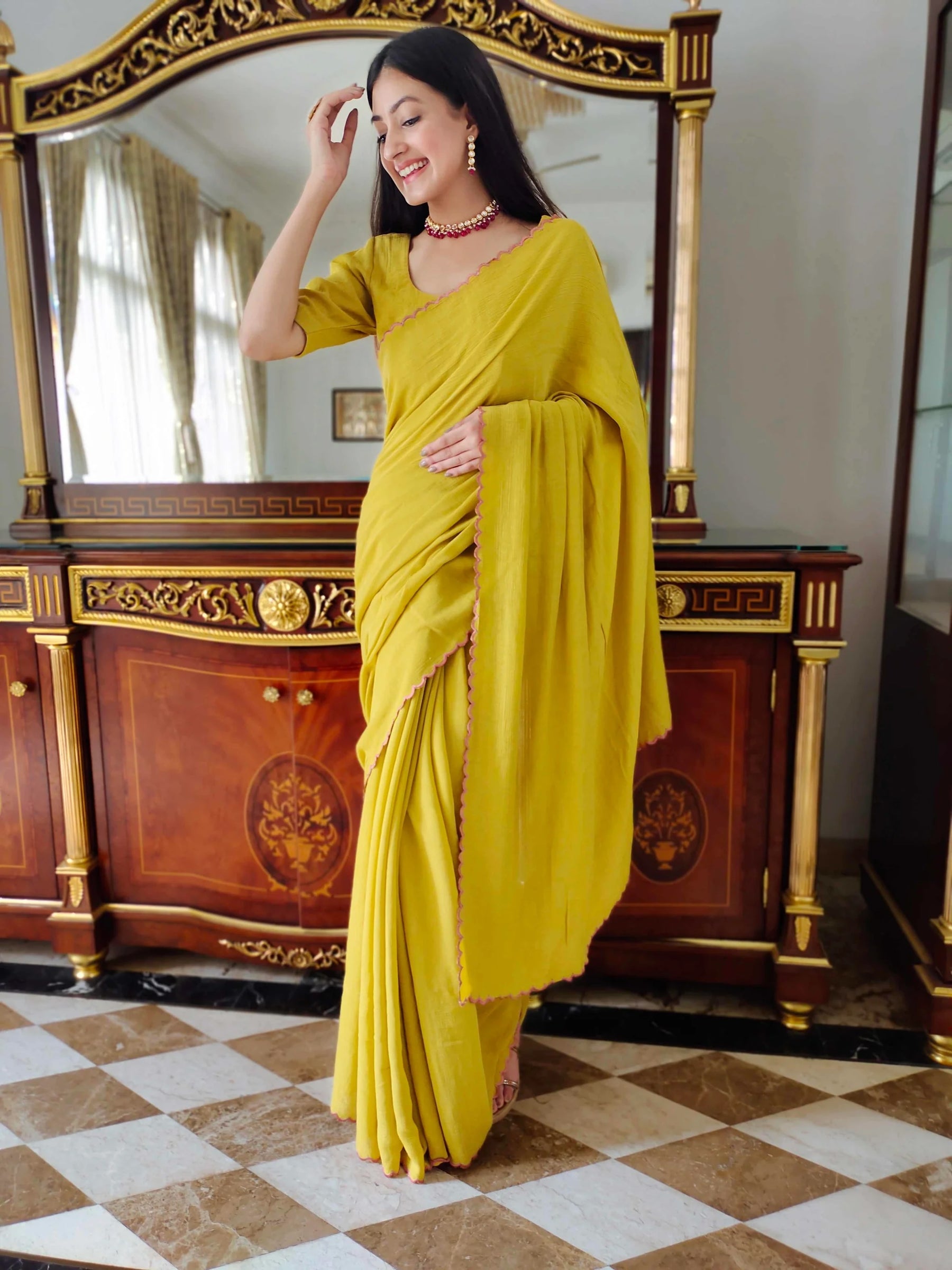 Premium Mustard Jute Cotton Saree with Scalloped Border