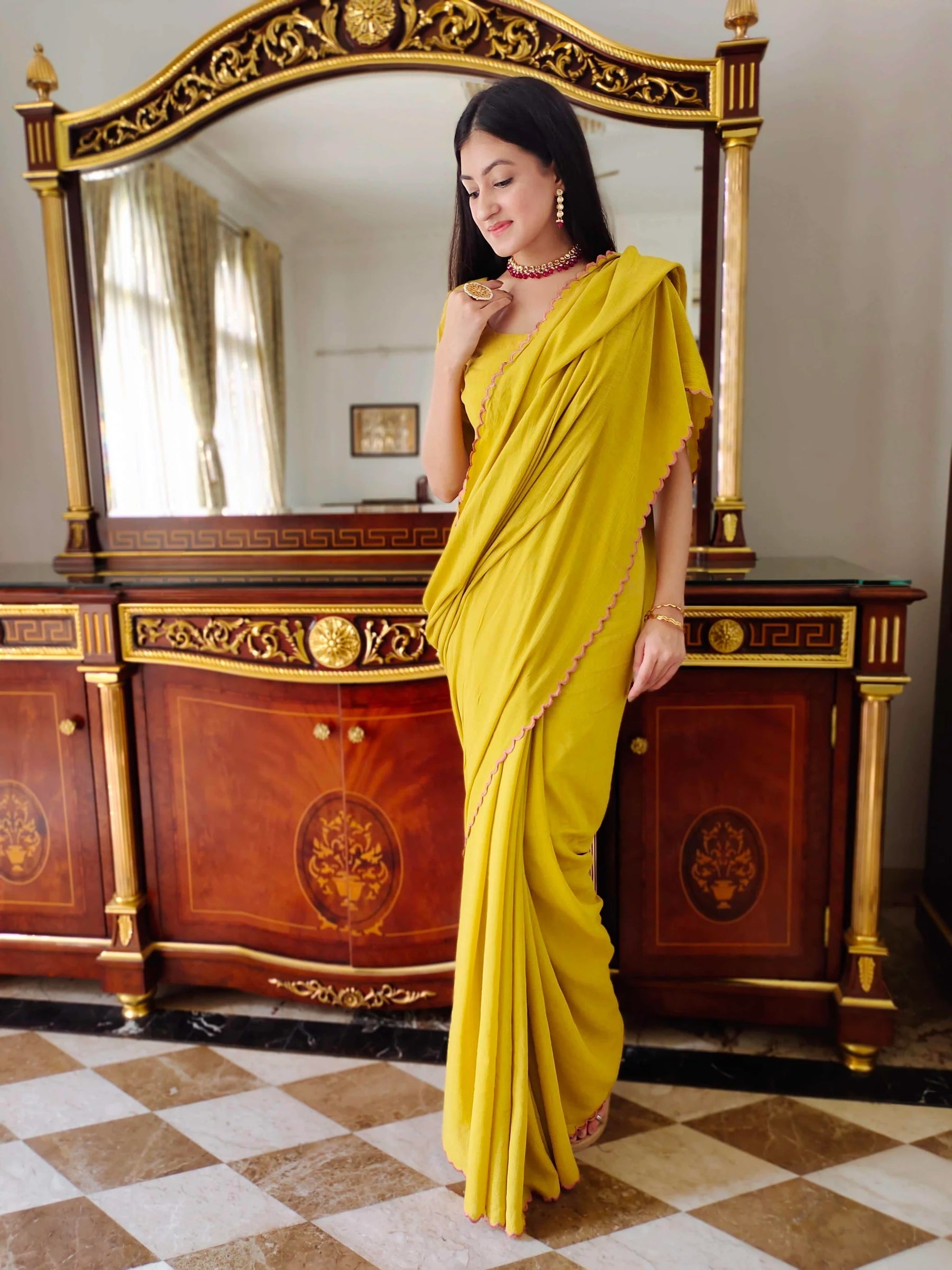 Premium Mustard Jute Cotton Saree with Scalloped Border