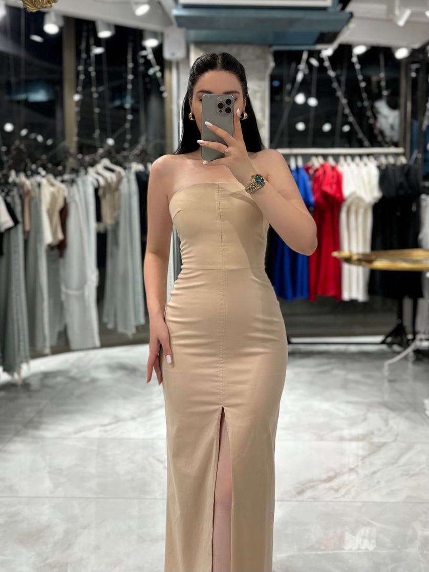 Freya Beige Strapless Slit Dress