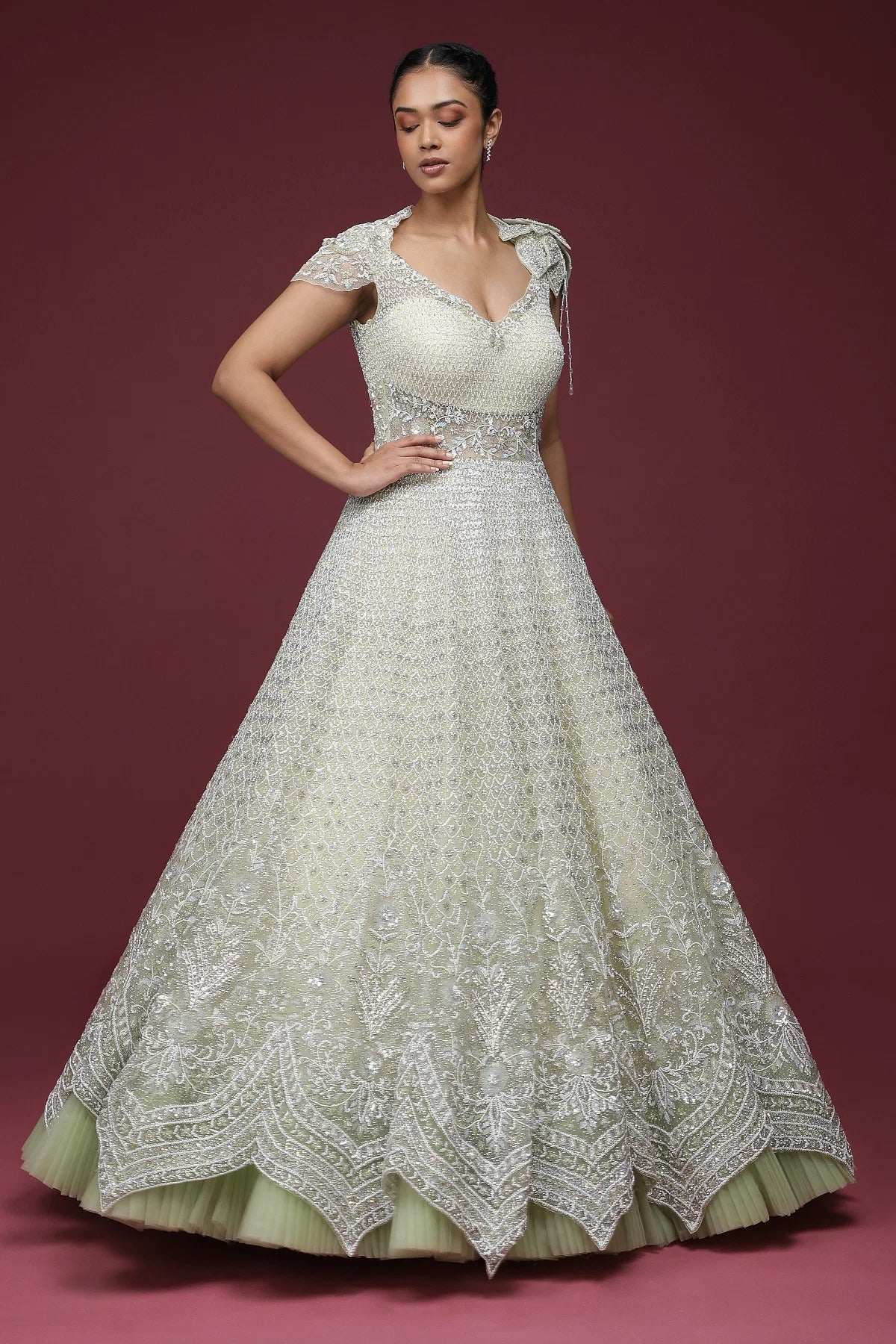 Pale Lime Yellow Cutdana Net Reception Gown for Special Celebrations