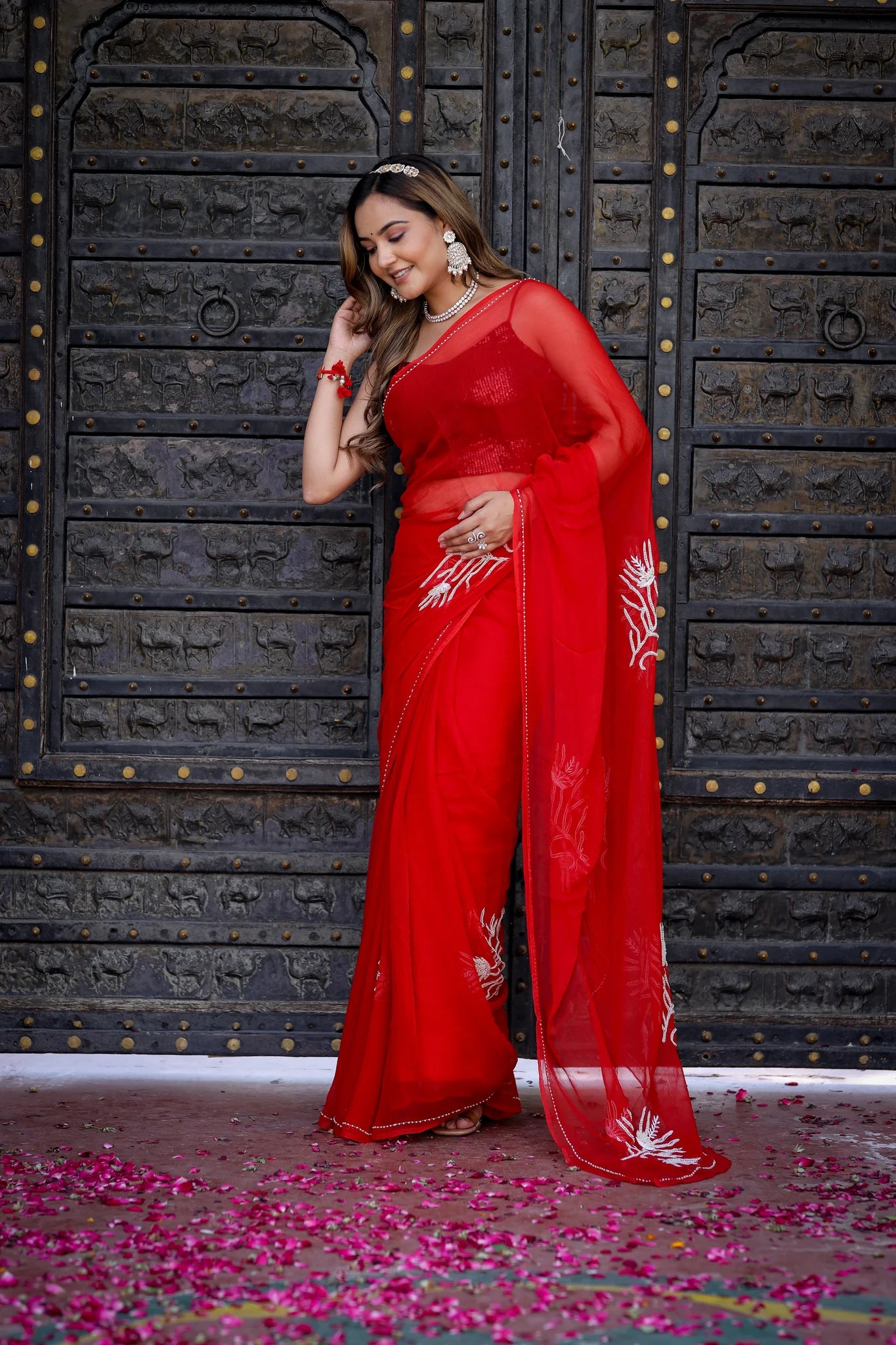 Pearl Elegance Ruby Red Georgette Saree