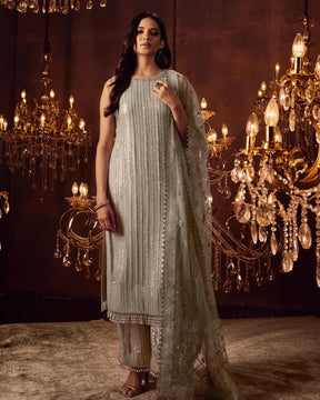 Steel Grey Sequins Suit Set | Elegant and Modern Ethnic Wear