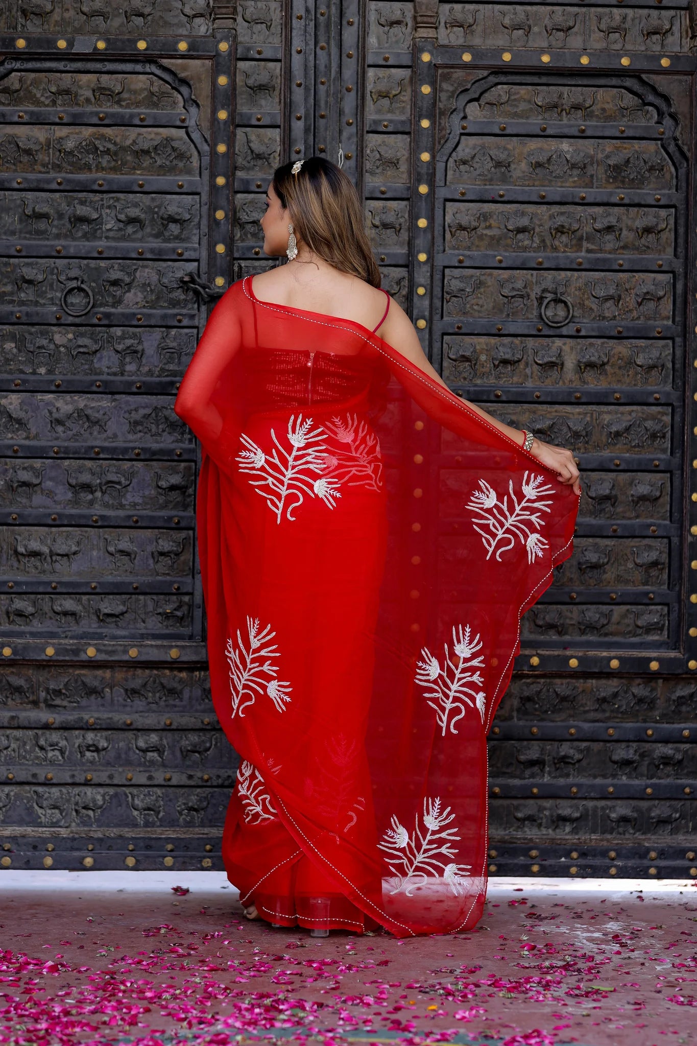 Pearl Elegance Ruby Red Georgette Saree