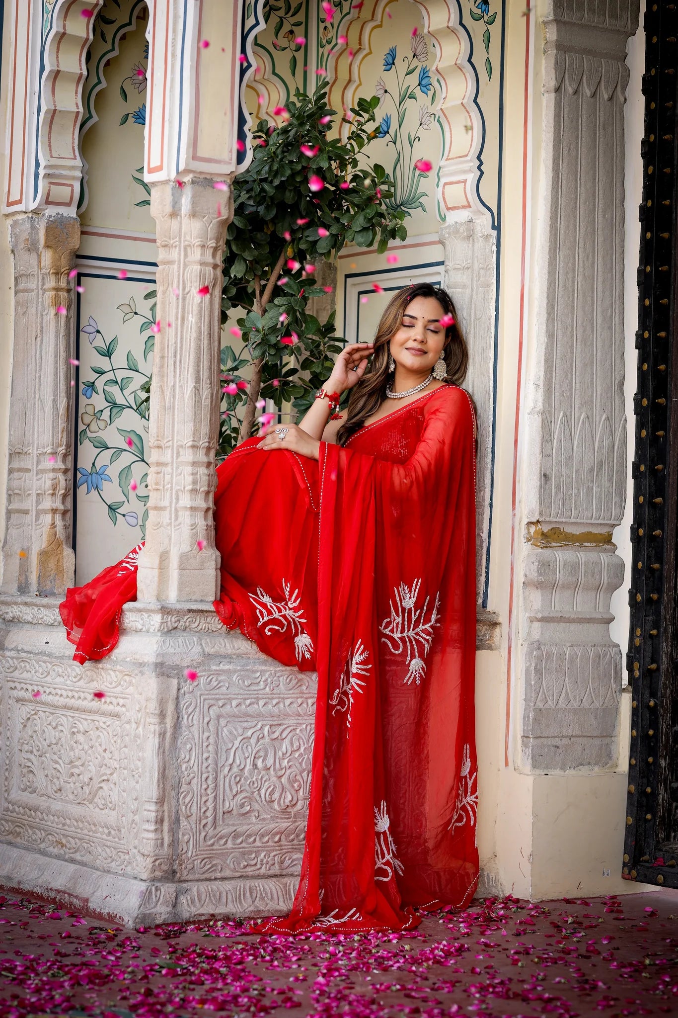 Pearl Elegance Ruby Red Georgette Saree