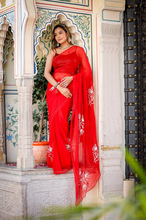 Pearl Elegance Ruby Red Georgette Saree