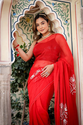 Pearl Elegance Ruby Red Georgette Saree