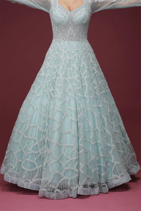 Powder Blue Sequins Embroidered Net Reception Gown