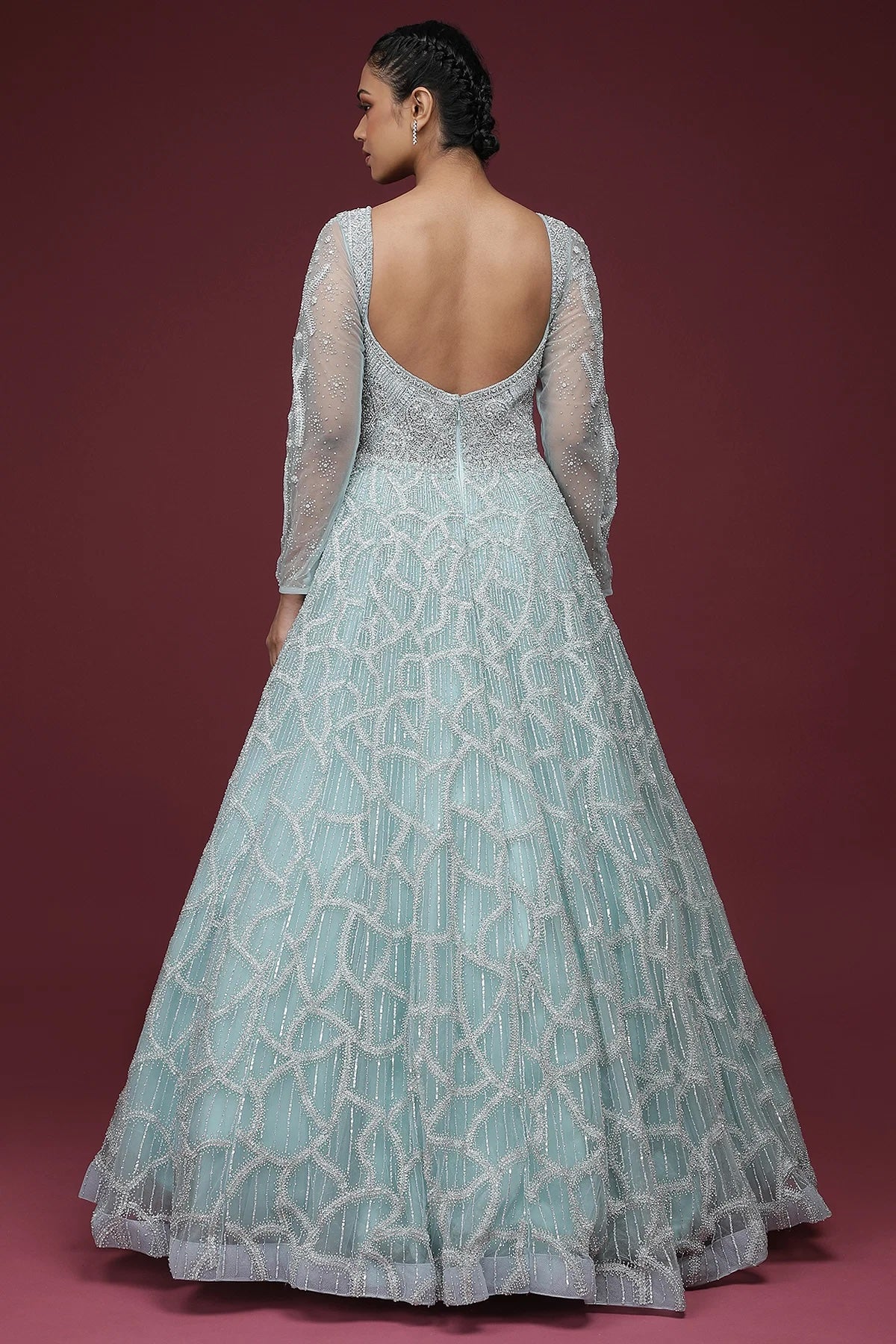 Powder Blue Sequins Embroidered Net Reception Gown