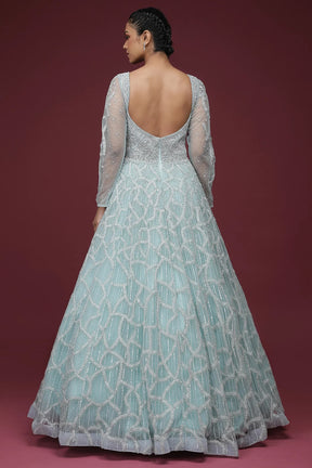 Powder Blue Sequins Embroidered Net Reception Gown