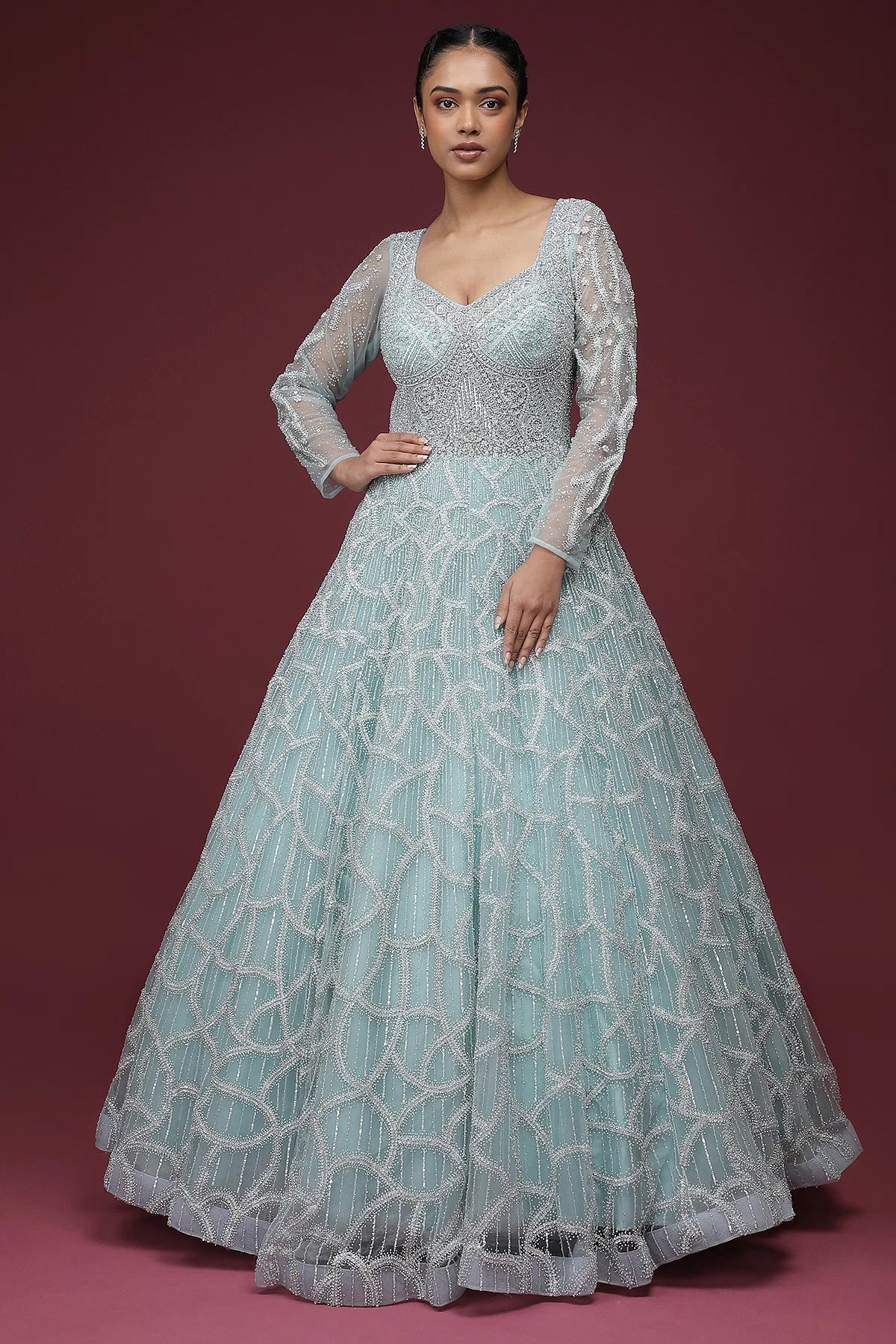 Powder Blue Sequins Embroidered Net Reception Gown