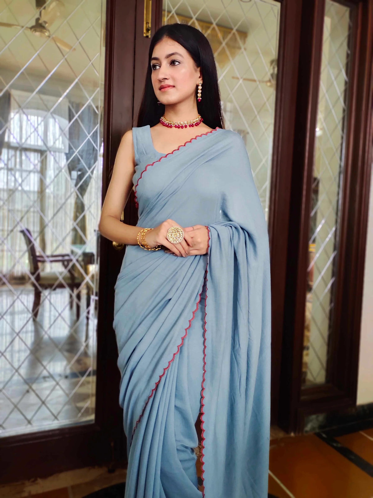 Effortlessly Jute Cotton Office Wear Saree with Scalloped Border