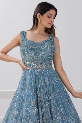 Cyaneus Blue Sequins Embroidered Net Reception Gown