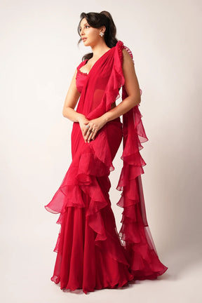 Nora Fatehi in Red Monotone Organza Double Draped Ruffled Saree