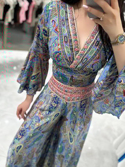 Klama Indigo Ethnic Patterned Mirror Embroidered Shalwar Crop Suit