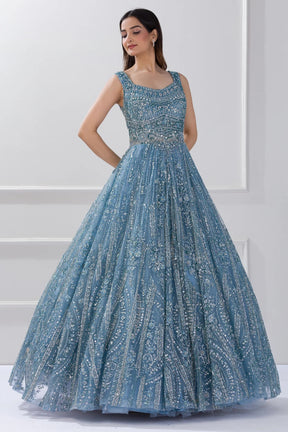 Cyaneus Blue Sequins Embroidered Net Reception Gown