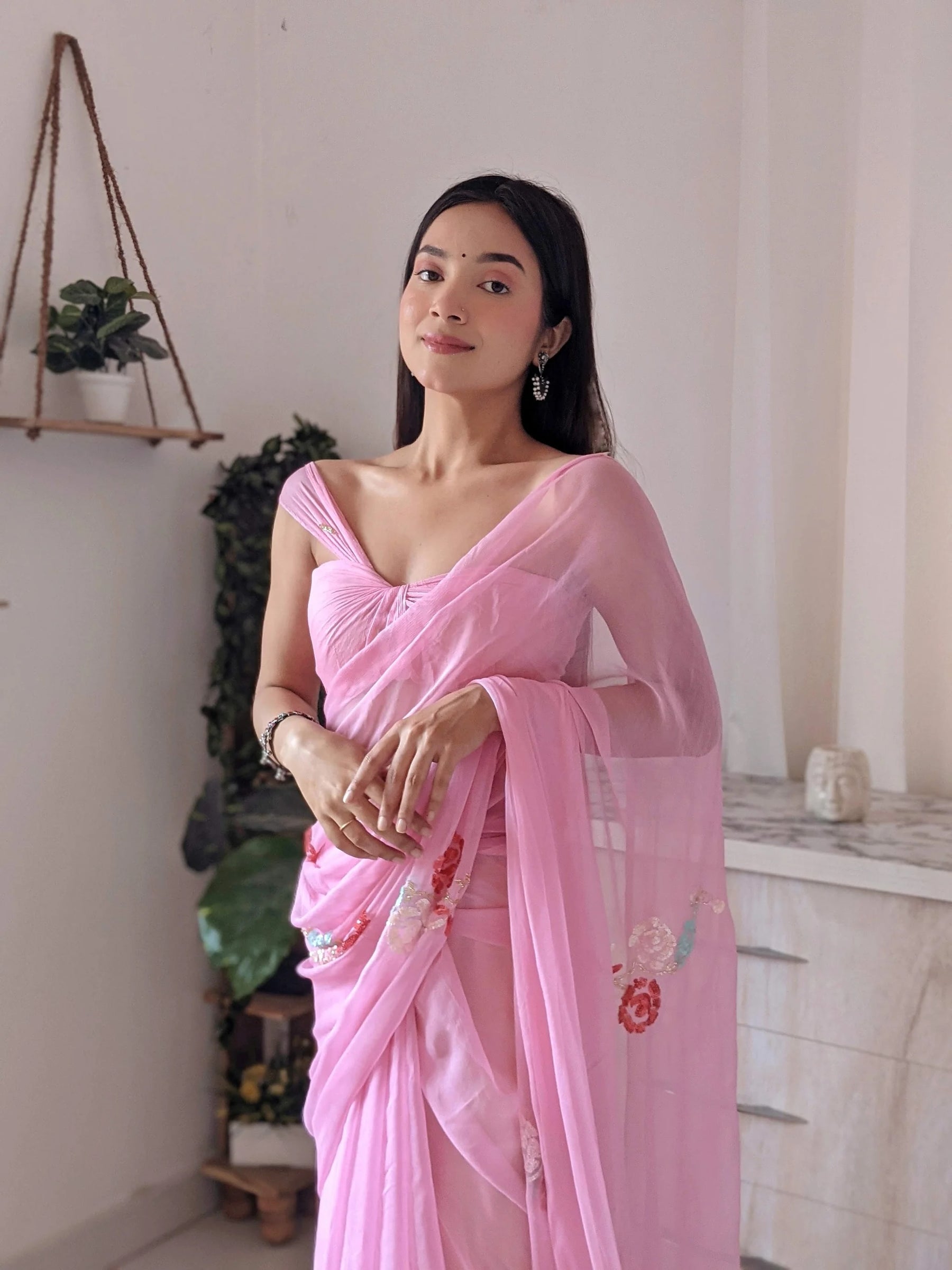 Light Pink Chiffon Saree with Sequins