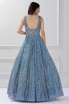 Cyaneus Blue Sequins Embroidered Net Reception Gown