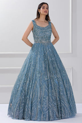 Cyaneus Blue Sequins Embroidered Net Reception Gown