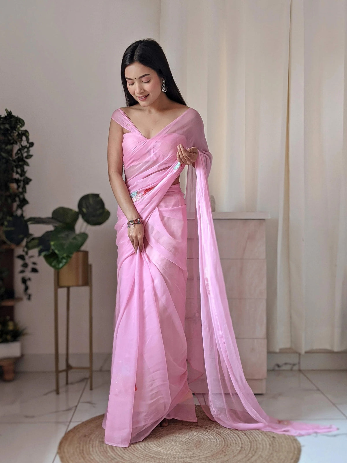 Light Pink Chiffon Saree with Sequins