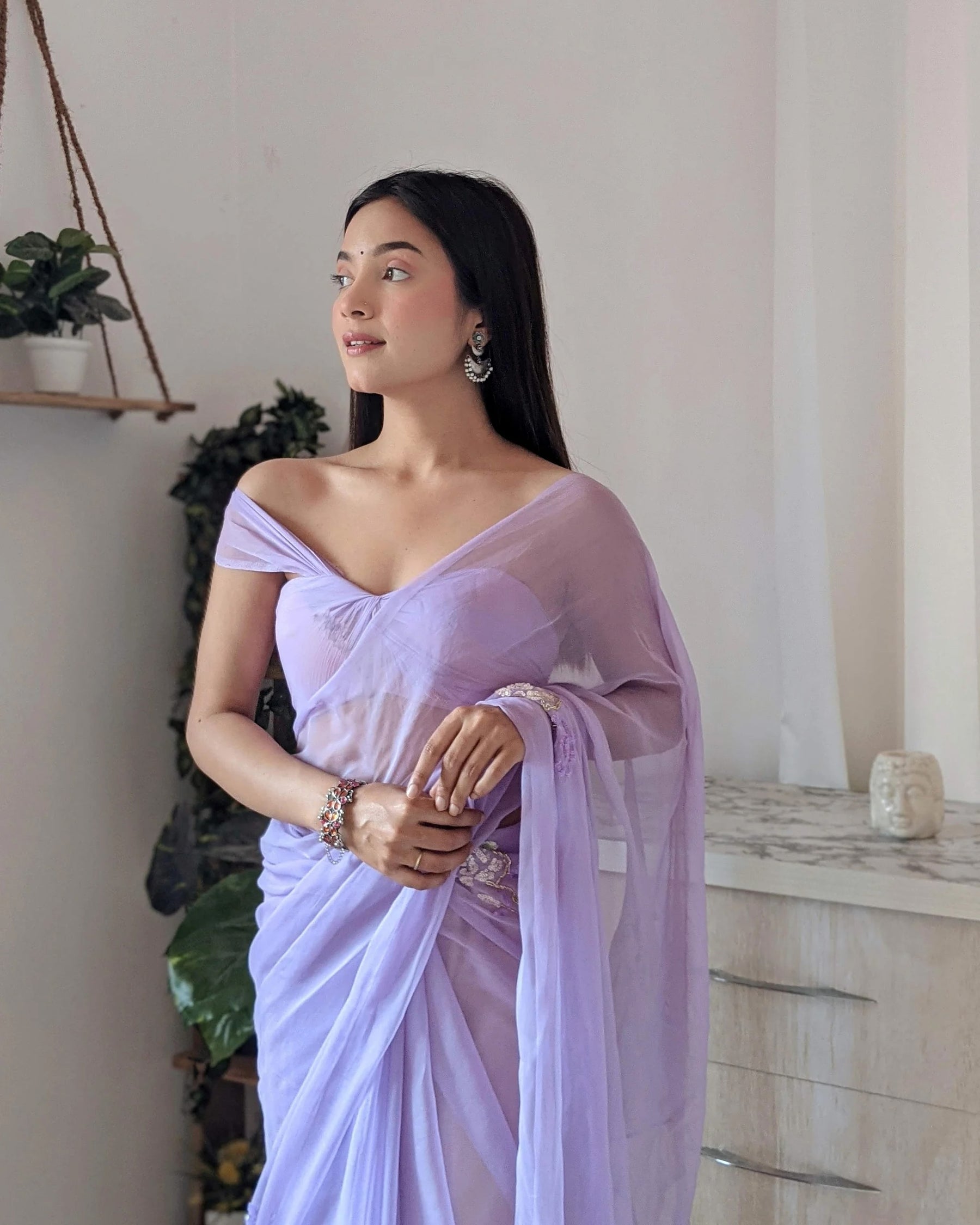 Lavender Chiffon Saree with Sequined Buttis