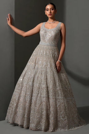 Taupe Grey Sequins Embroidered Net Bridal Gown for Your Wedding Day