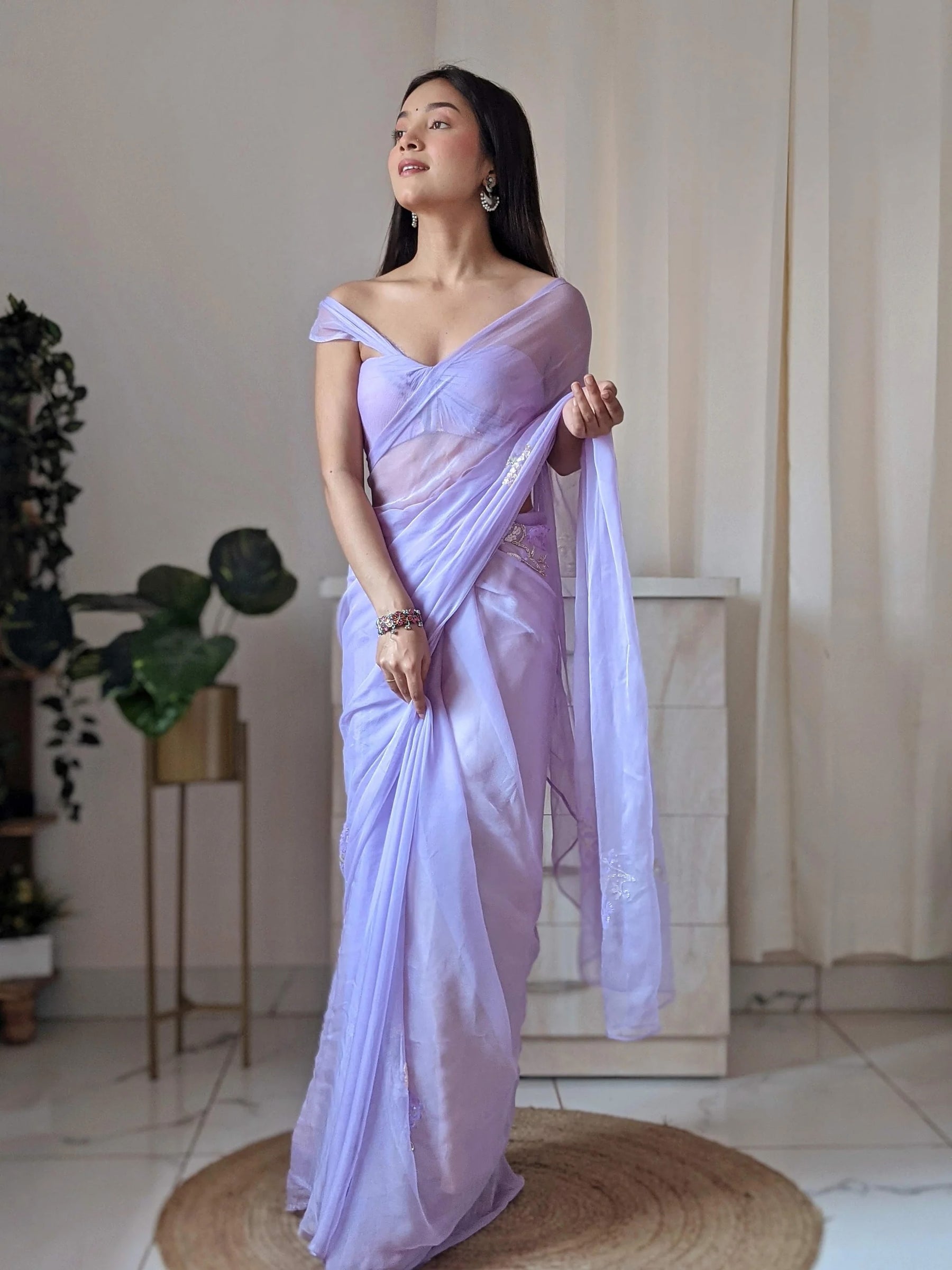 Lavender Chiffon Saree with Sequined Buttis