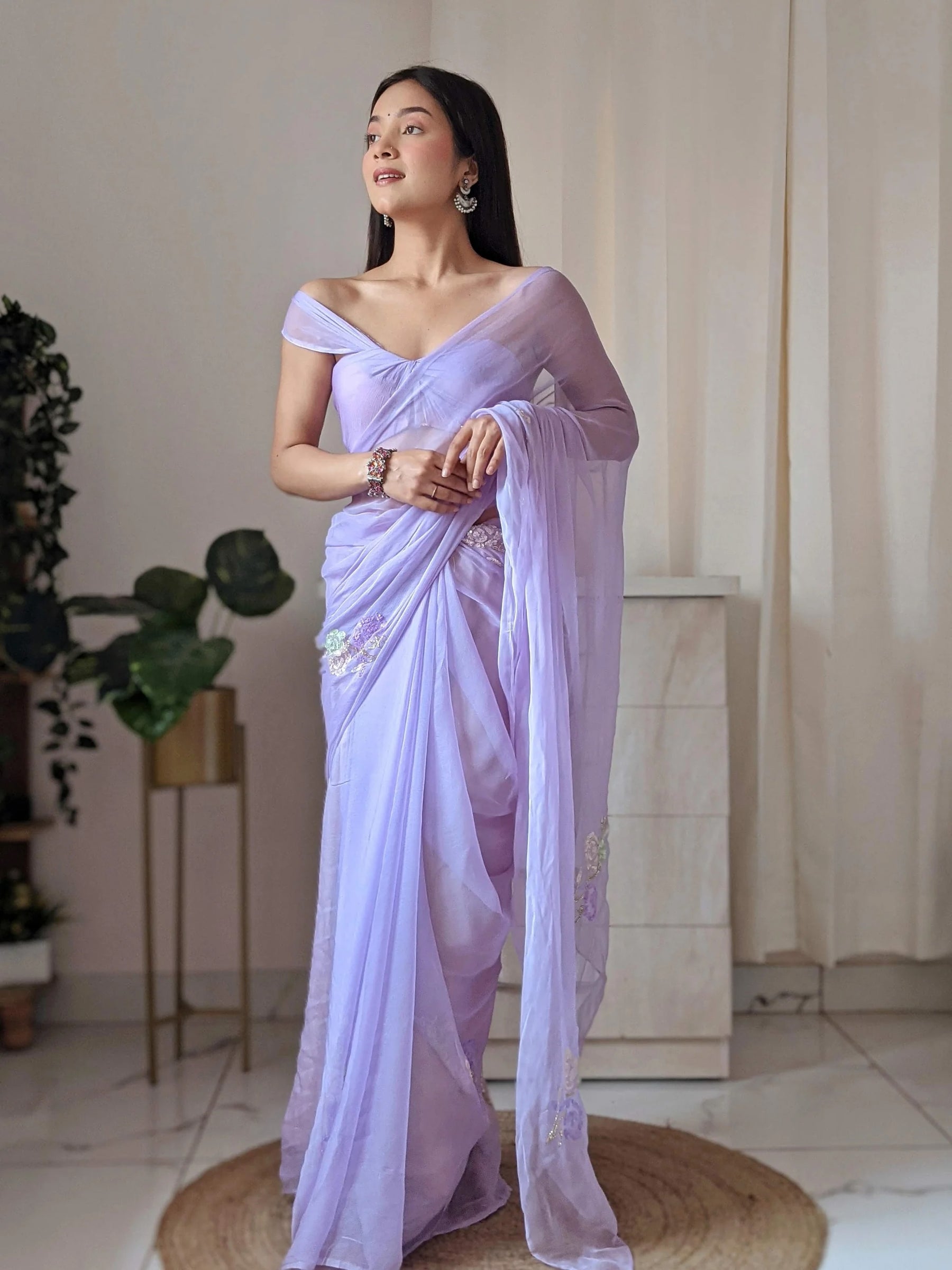 Lavender Chiffon Saree with Sequined Buttis