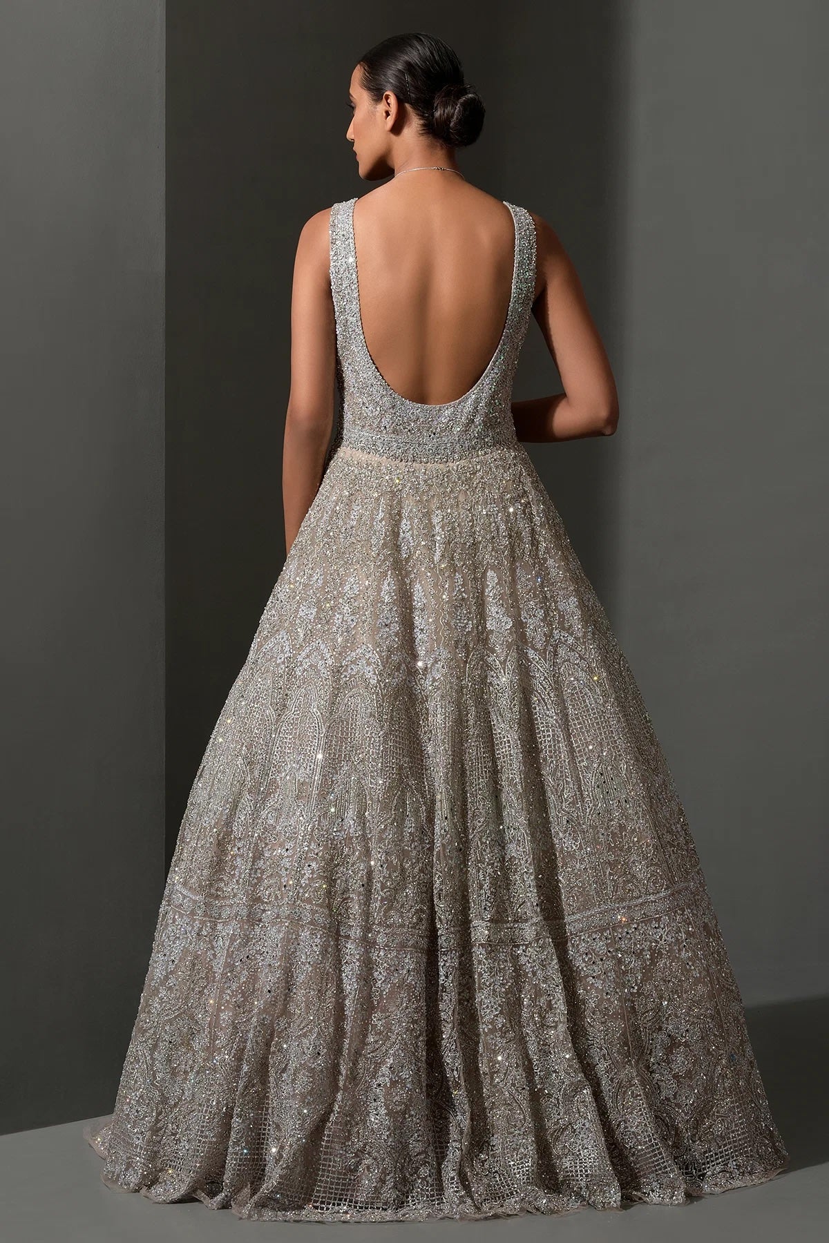 Taupe Grey Sequins Embroidered Net Bridal Gown for Your Wedding Day