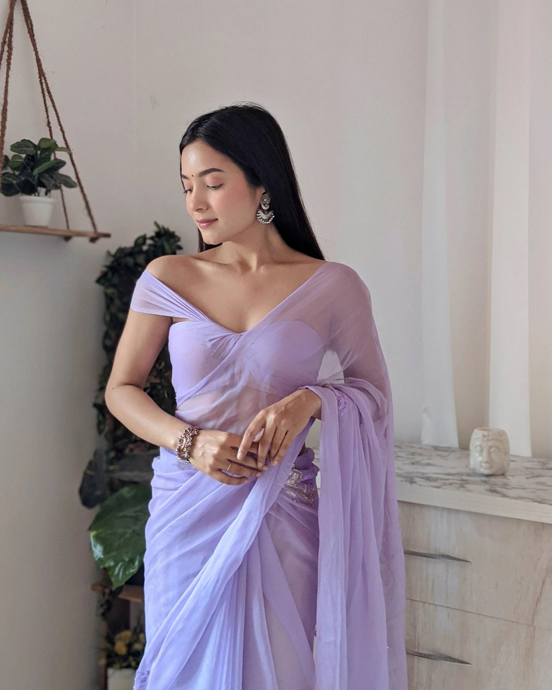 Lavender Chiffon Saree with Sequined Buttis