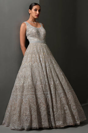 Taupe Grey Sequins Embroidered Net Bridal Gown for Your Wedding Day