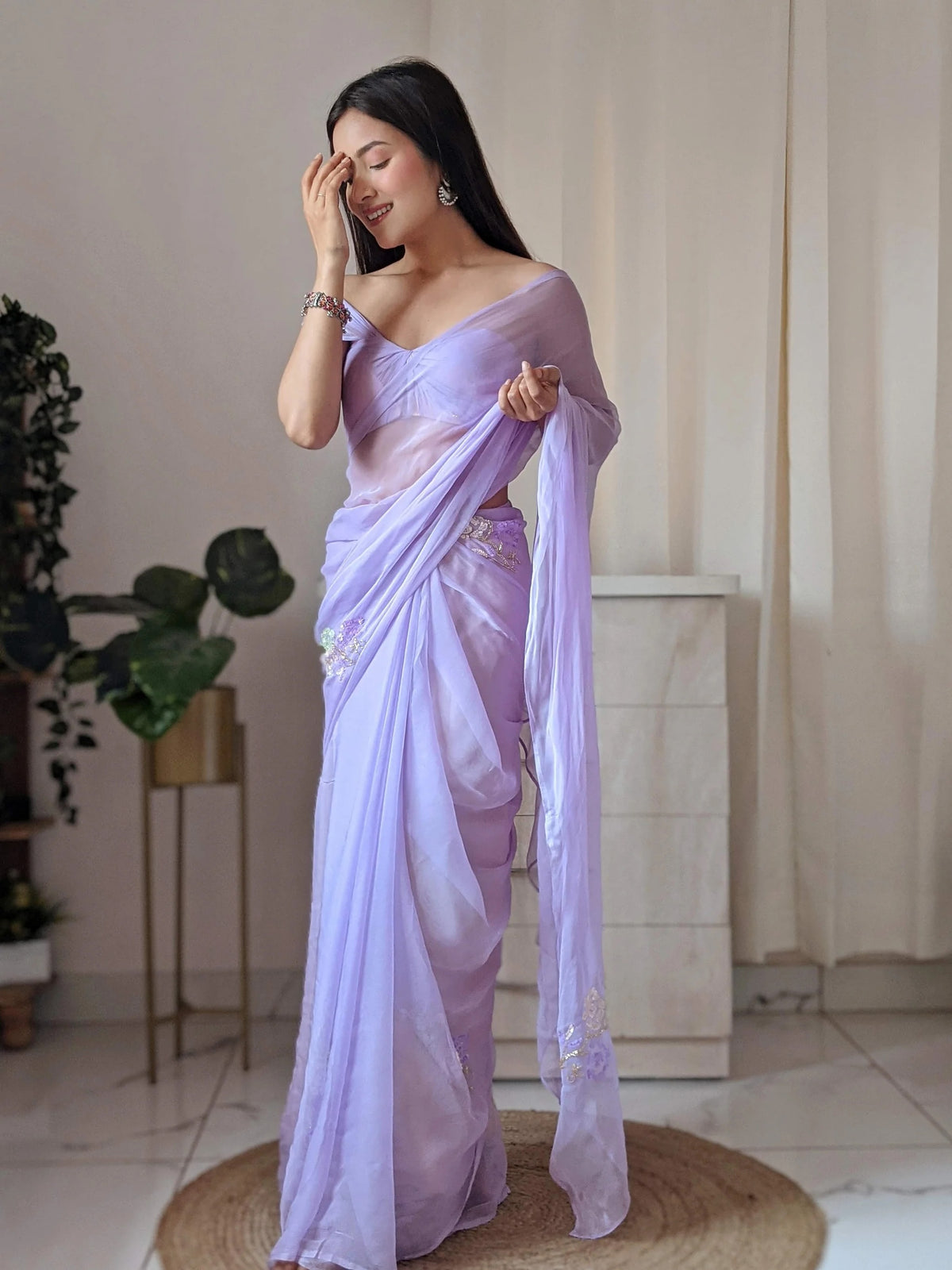 Lavender Chiffon Saree with Sequined Buttis