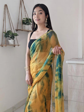 Sunset-Inspired Shibori Chiffon Saree in Orange and Deep Green